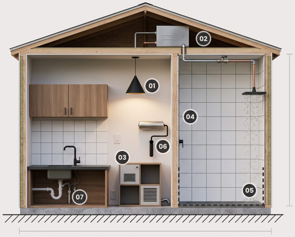 Cutaway of a Kuala Lumpur home: kitchen, tiled shower and a water heater in the roof space, with the seven Wanisa Renovations services numbered 01 to 07